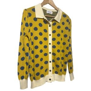 OXKNIT Collared Cardigan Sweater Yellow Blue Polka Dot Women's Size XL
